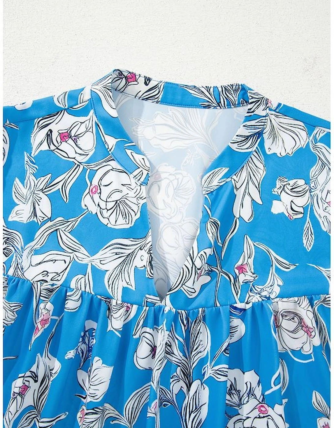 Sky Blue V Neck Floral Print 3/4 Puff Sleeve Blouse