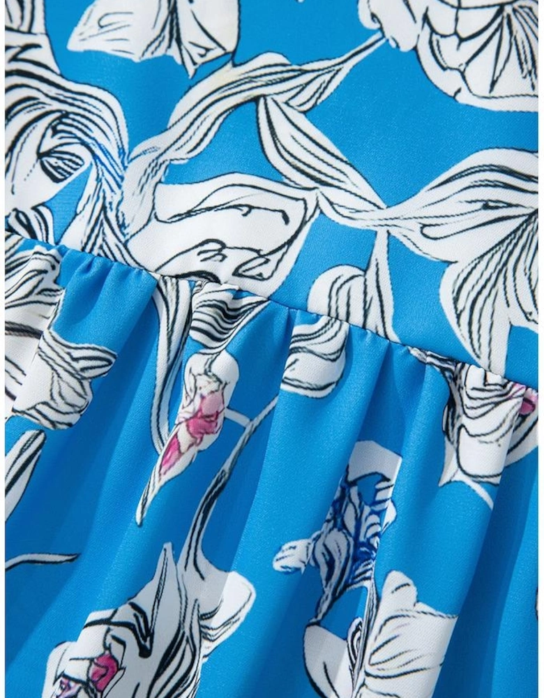 Sky Blue V Neck Floral Print 3/4 Puff Sleeve Blouse