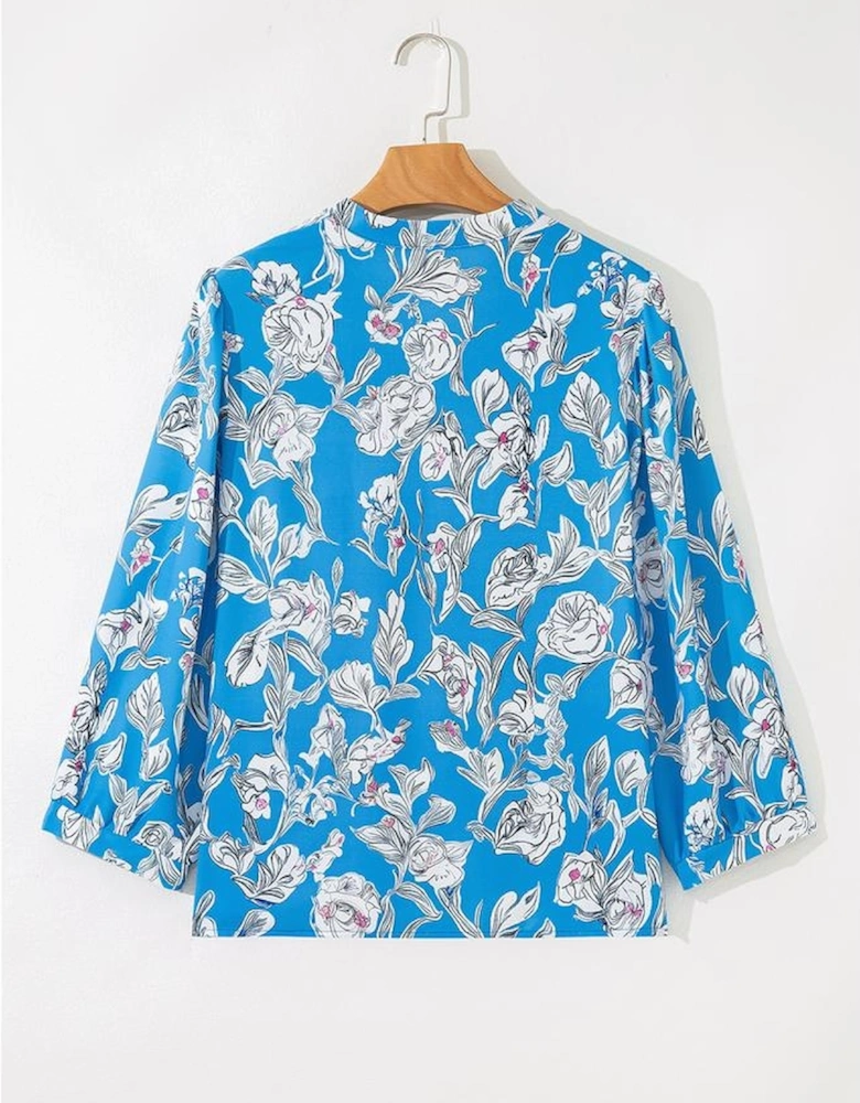 Sky Blue V Neck Floral Print 3/4 Puff Sleeve Blouse