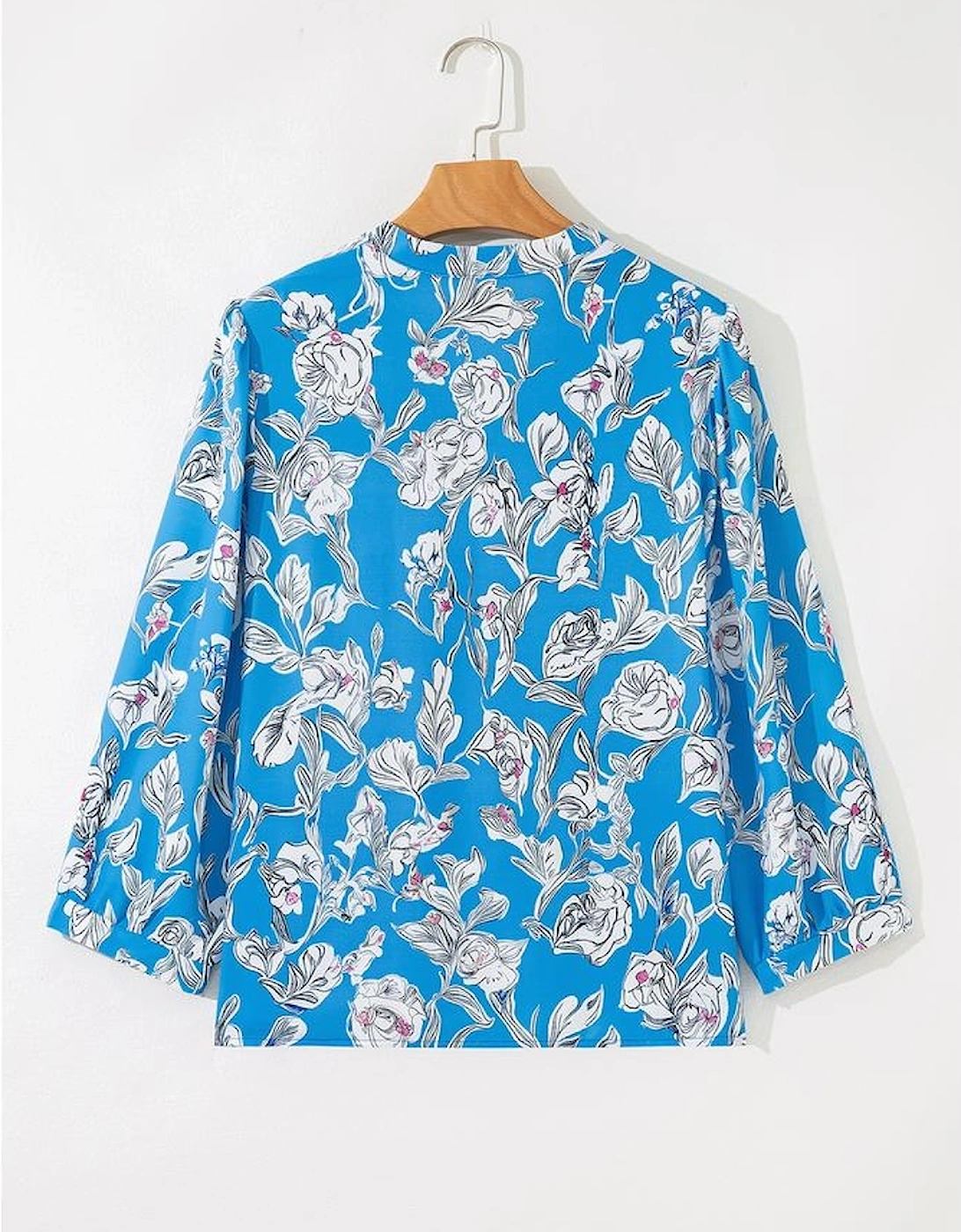 Sky Blue V Neck Floral Print 3/4 Puff Sleeve Blouse