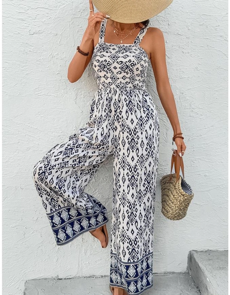 Blue Boho Geometric Print Shirred High Waist Wide Leg Jumpsuit