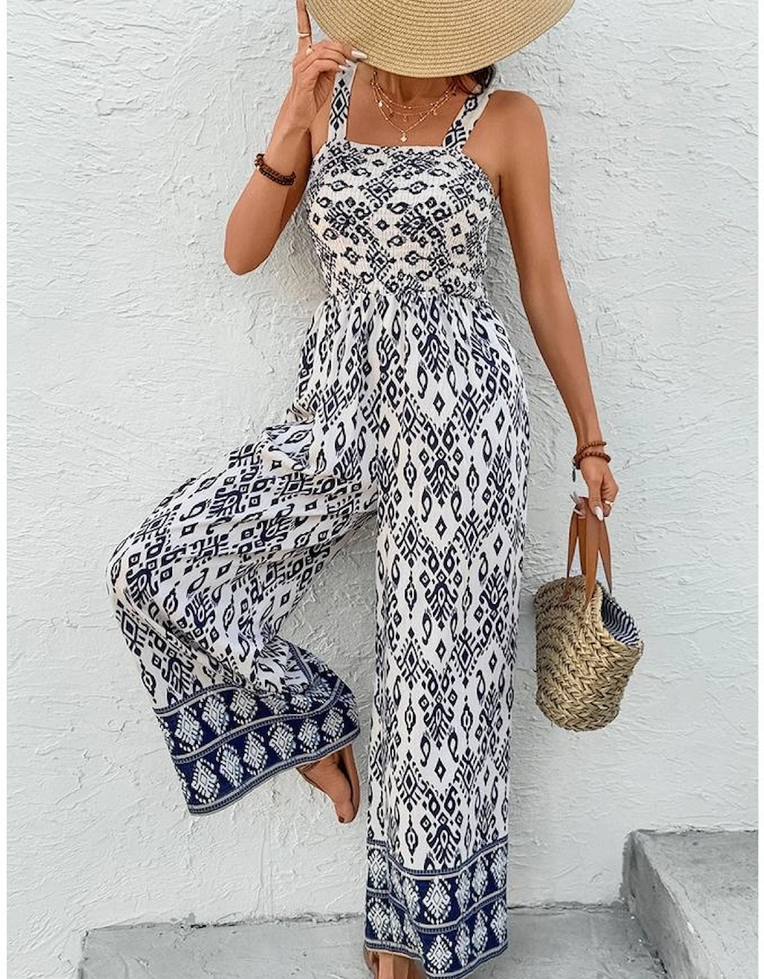 Blue Boho Geometric Print Shirred High Waist Wide Leg Jumpsuit
