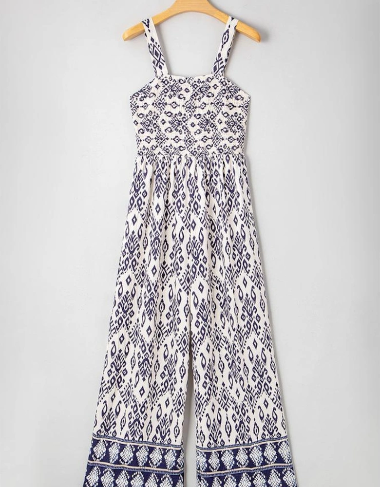 Blue Boho Geometric Print Shirred High Waist Wide Leg Jumpsuit