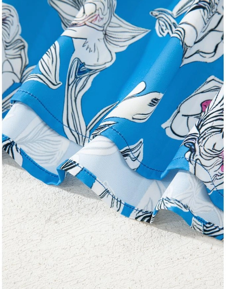 Sky Blue V Neck Floral Print 3/4 Puff Sleeve Blouse