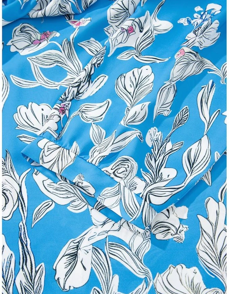 Sky Blue V Neck Floral Print 3/4 Puff Sleeve Blouse