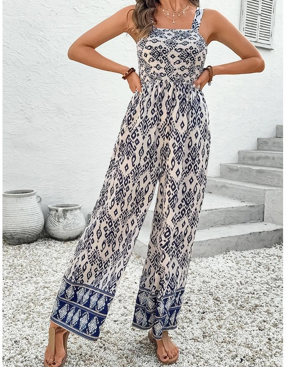 Blue Boho Geometric Print Shirred High Waist Wide Leg Jumpsuit