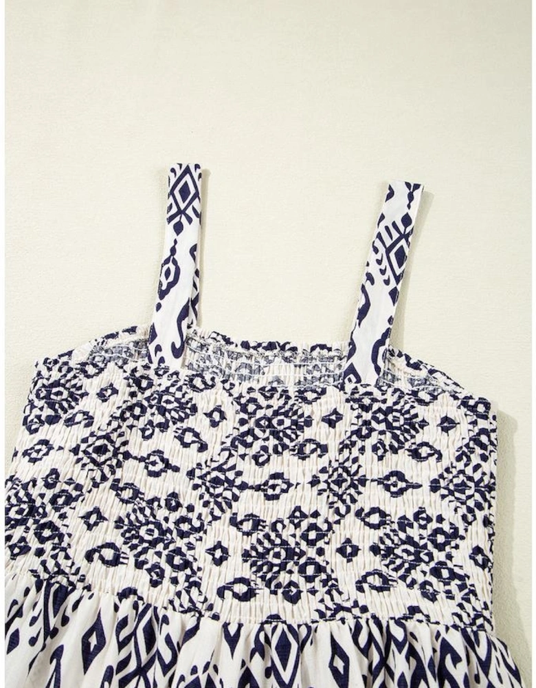 Blue Boho Geometric Print Shirred High Waist Wide Leg Jumpsuit