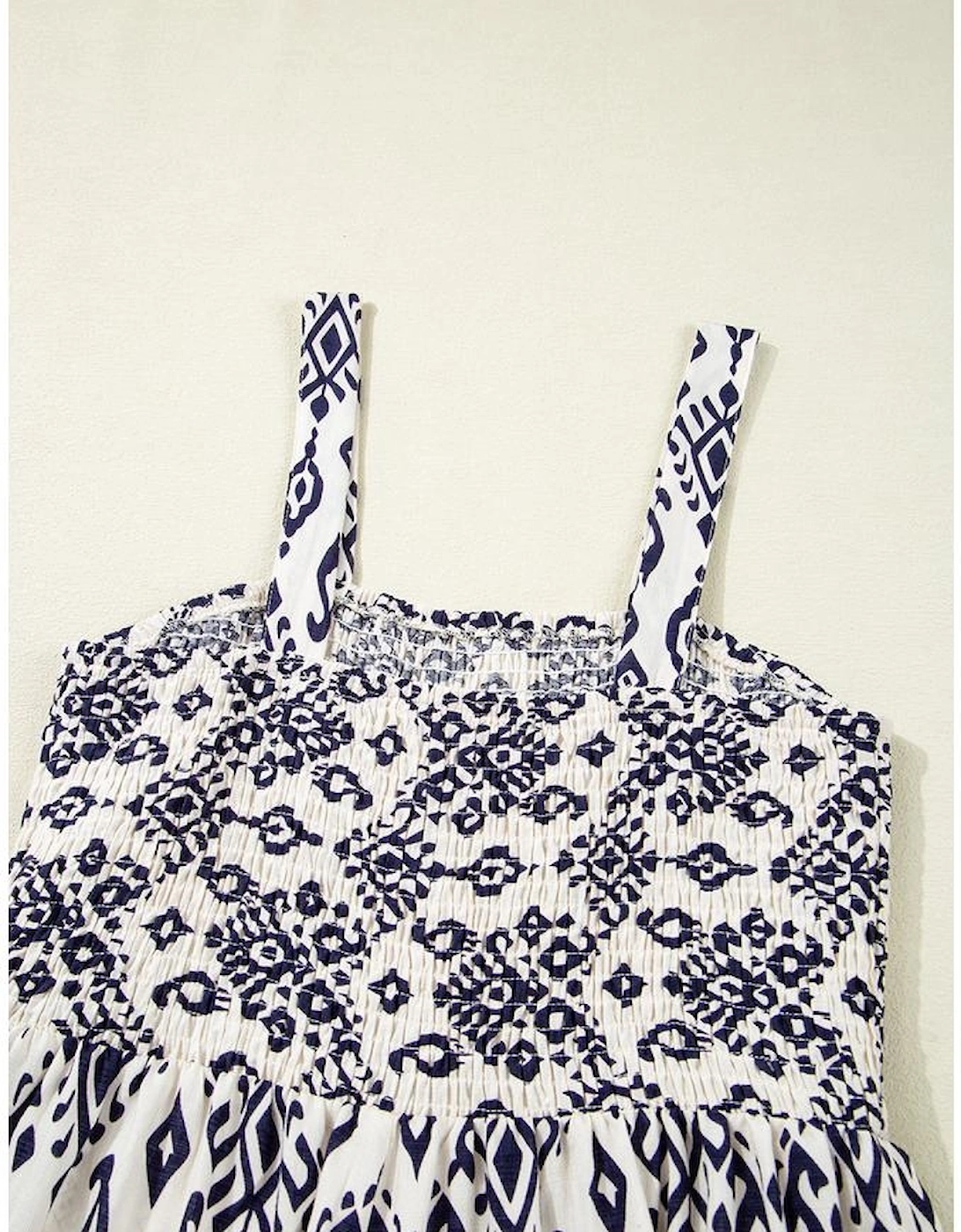 Blue Boho Geometric Print Shirred High Waist Wide Leg Jumpsuit