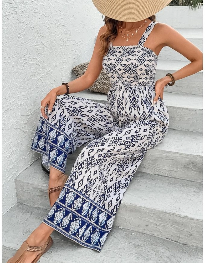 Blue Boho Geometric Print Shirred High Waist Wide Leg Jumpsuit