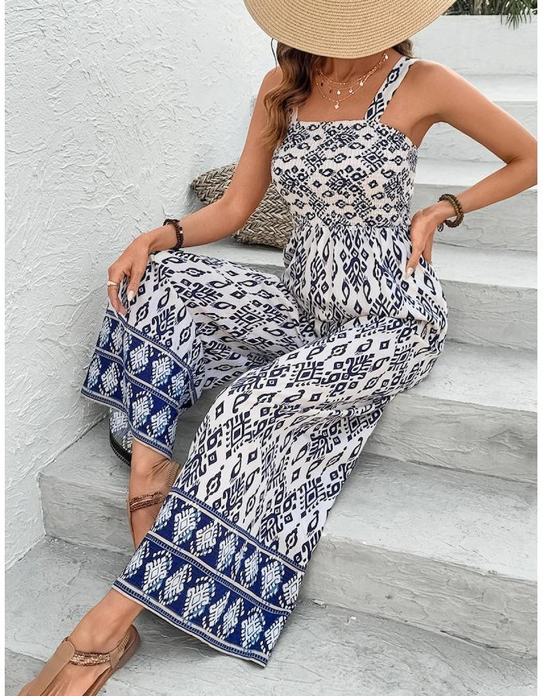 Blue Boho Geometric Print Shirred High Waist Wide Leg Jumpsuit