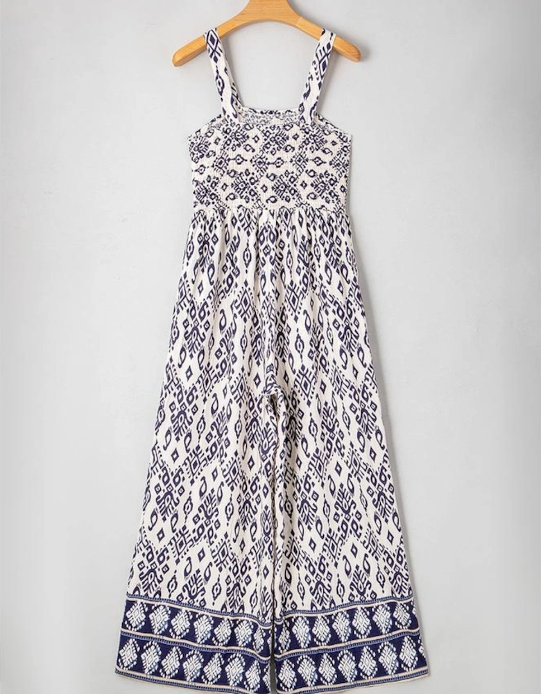 Blue Boho Geometric Print Shirred High Waist Wide Leg Jumpsuit