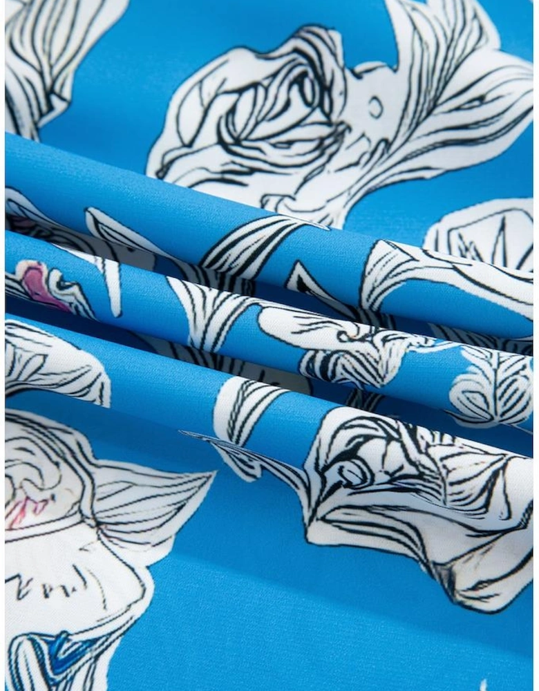 Sky Blue V Neck Floral Print 3/4 Puff Sleeve Blouse