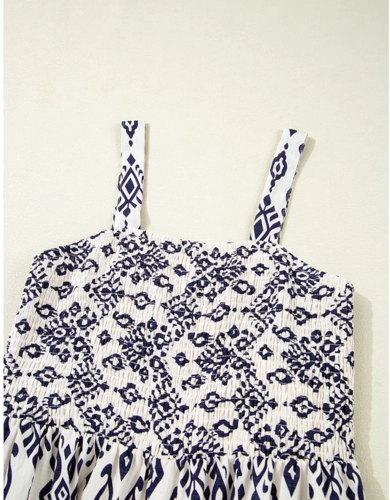 Blue Boho Geometric Print Shirred High Waist Wide Leg Jumpsuit