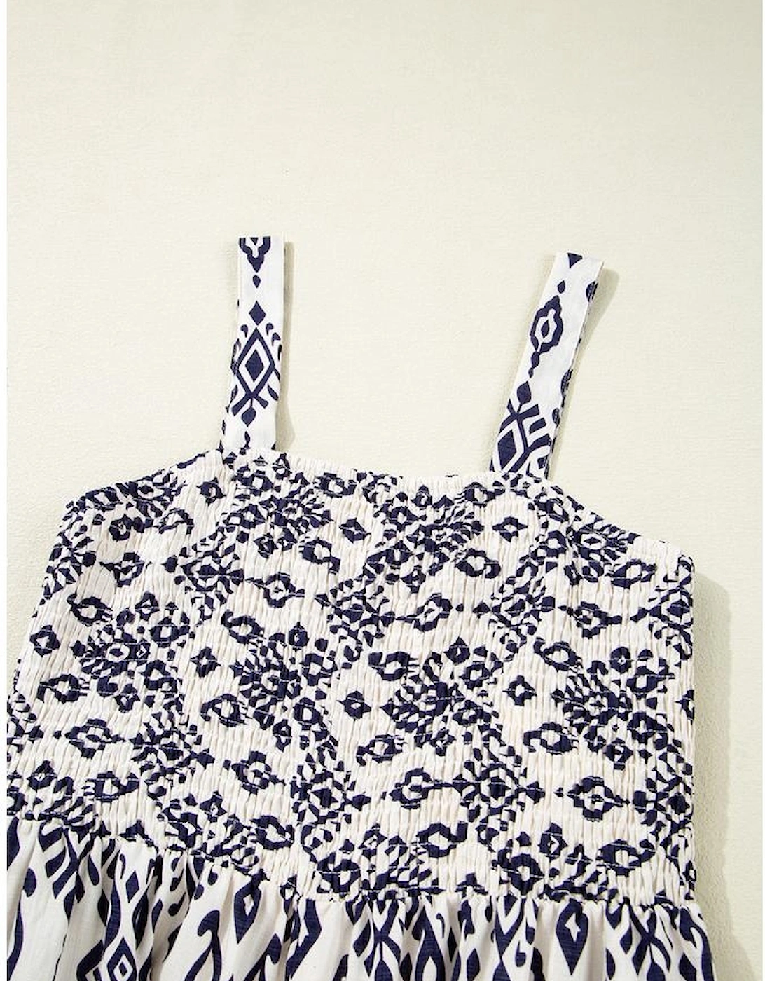 Blue Boho Geometric Print Shirred High Waist Wide Leg Jumpsuit