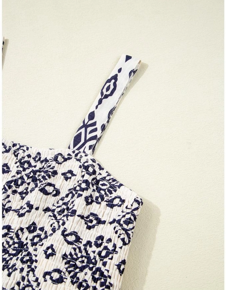 Blue Boho Geometric Print Shirred High Waist Wide Leg Jumpsuit