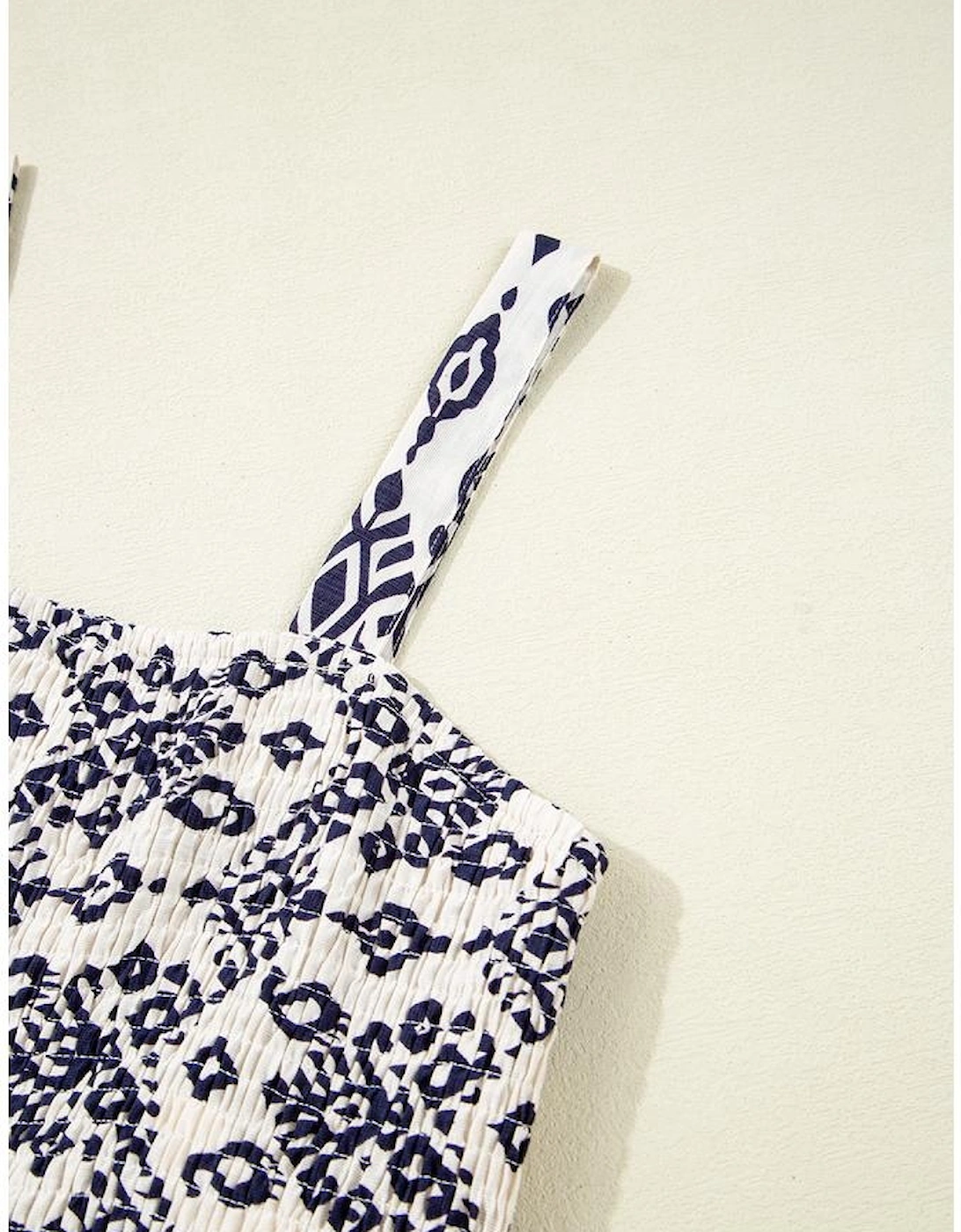 Blue Boho Geometric Print Shirred High Waist Wide Leg Jumpsuit