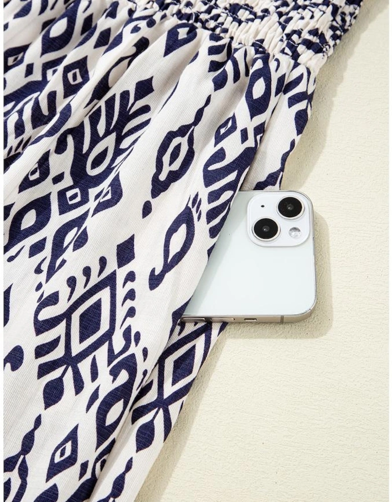 Blue Boho Geometric Print Shirred High Waist Wide Leg Jumpsuit