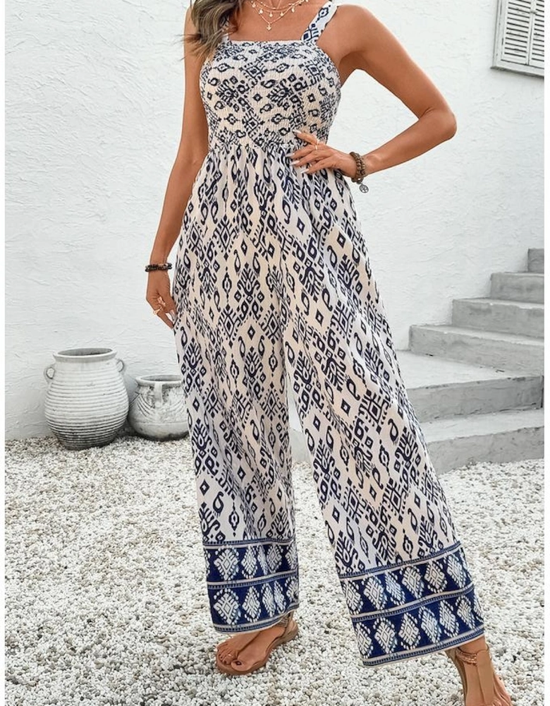 Blue Boho Geometric Print Shirred High Waist Wide Leg Jumpsuit