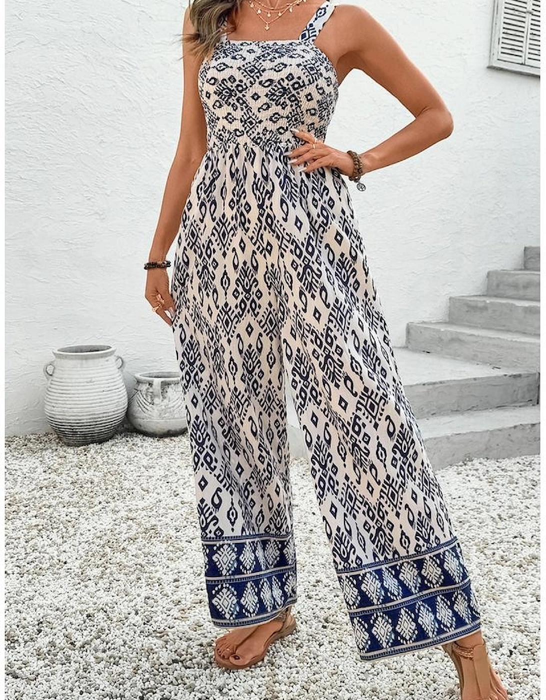 Blue Boho Geometric Print Shirred High Waist Wide Leg Jumpsuit