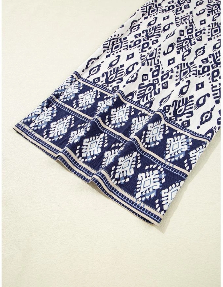 Blue Boho Geometric Print Shirred High Waist Wide Leg Jumpsuit