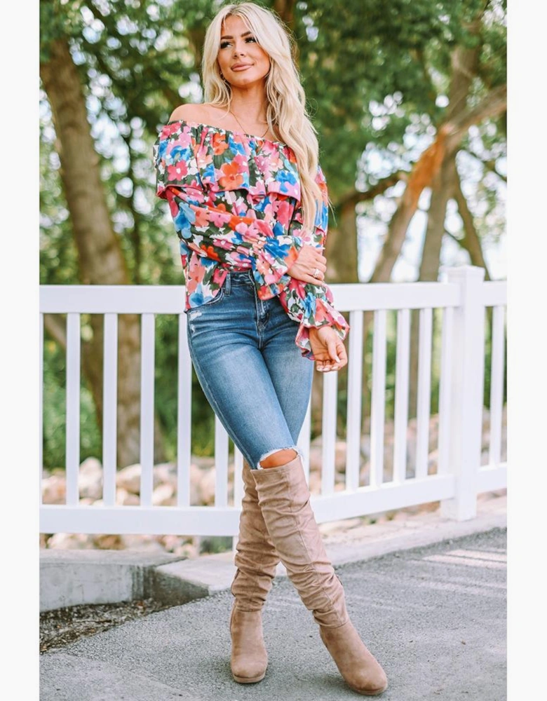 Floral Print Ruffled Off Shoulder Blouse