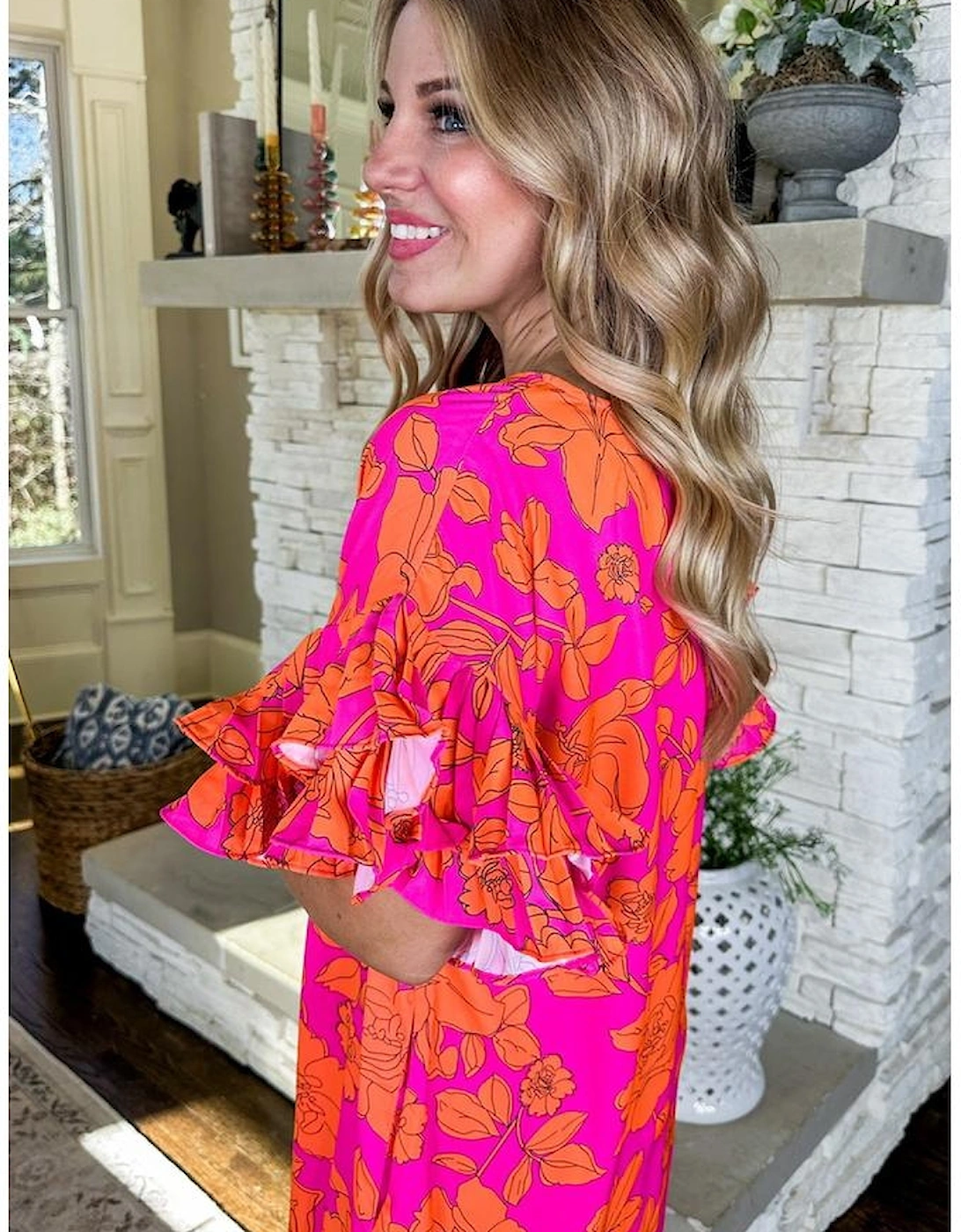 Pink Voluminous Ruffled Sleeve Floral Dress