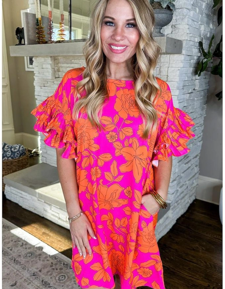 Pink Voluminous Ruffled Sleeve Floral Dress