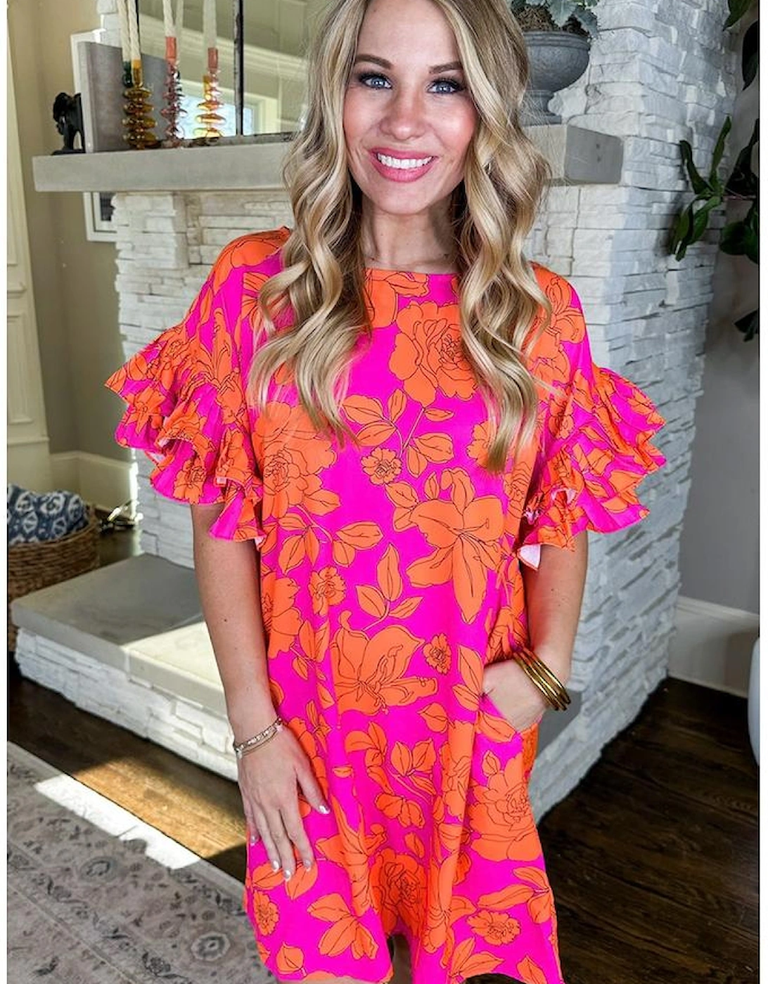 Pink Voluminous Ruffled Sleeve Floral Dress