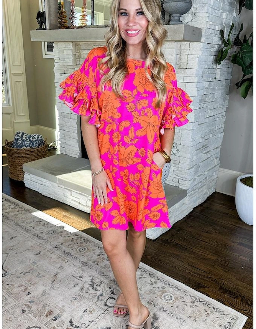 Pink Voluminous Ruffled Sleeve Floral Dress, 9 of 8