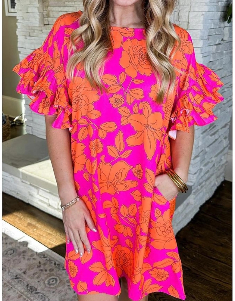 Pink Voluminous Ruffled Sleeve Floral Dress