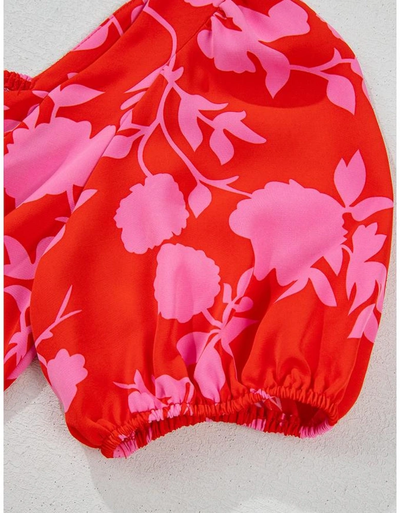 Red Floral Bubble Sleeve Sweetheart Neck Ruffled Mini Dress