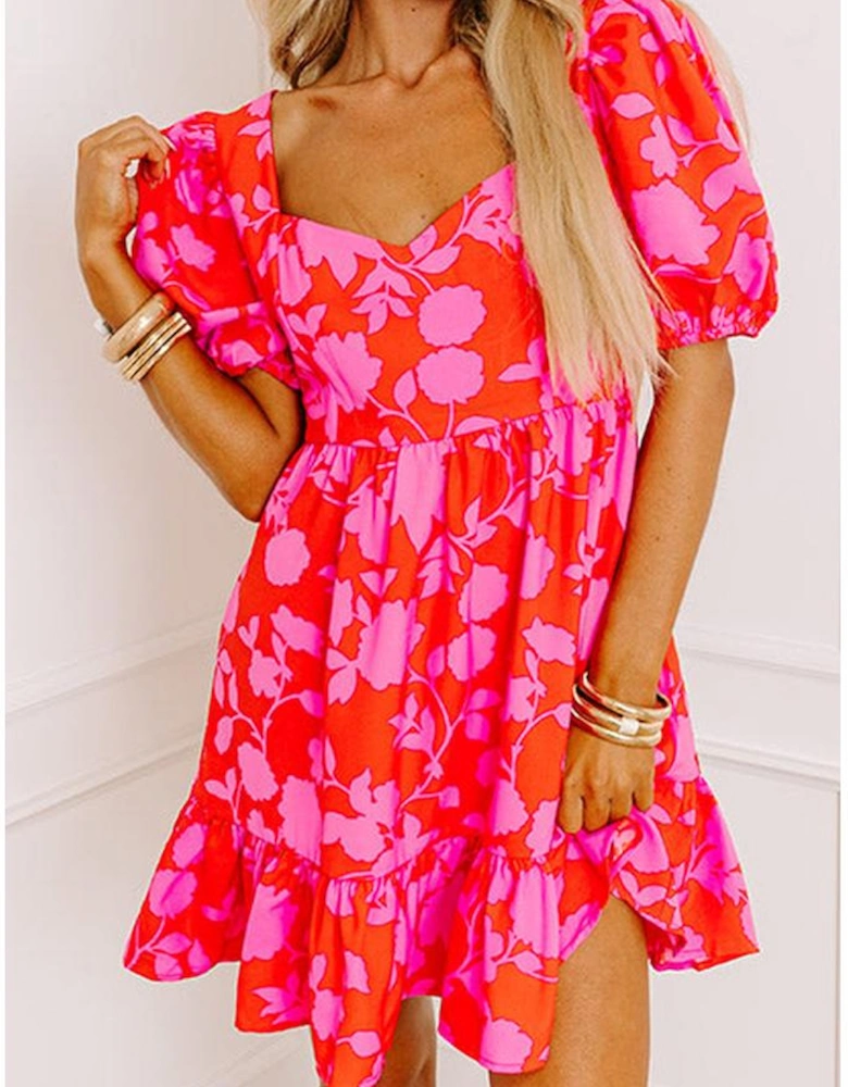 Red Floral Bubble Sleeve Sweetheart Neck Ruffled Mini Dress