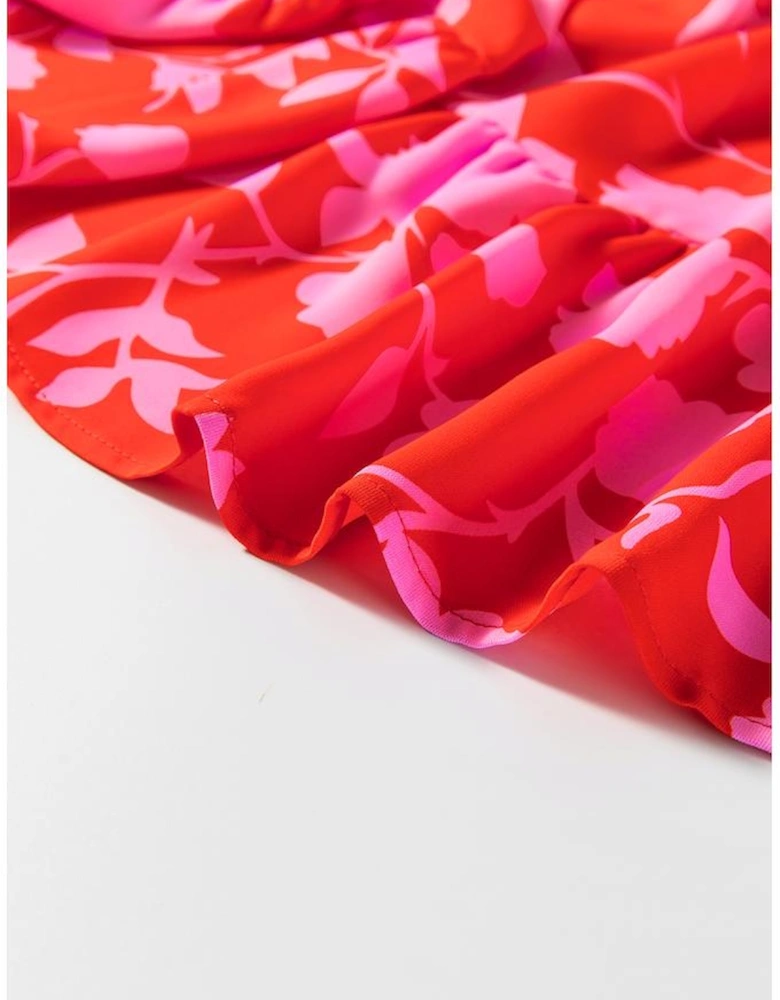 Red Floral Bubble Sleeve Sweetheart Neck Ruffled Mini Dress