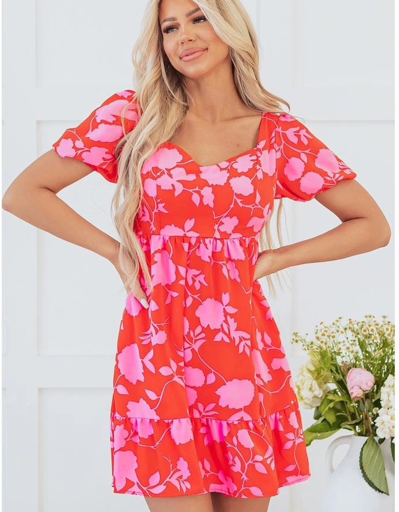 Red Floral Bubble Sleeve Sweetheart Neck Ruffled Mini Dress