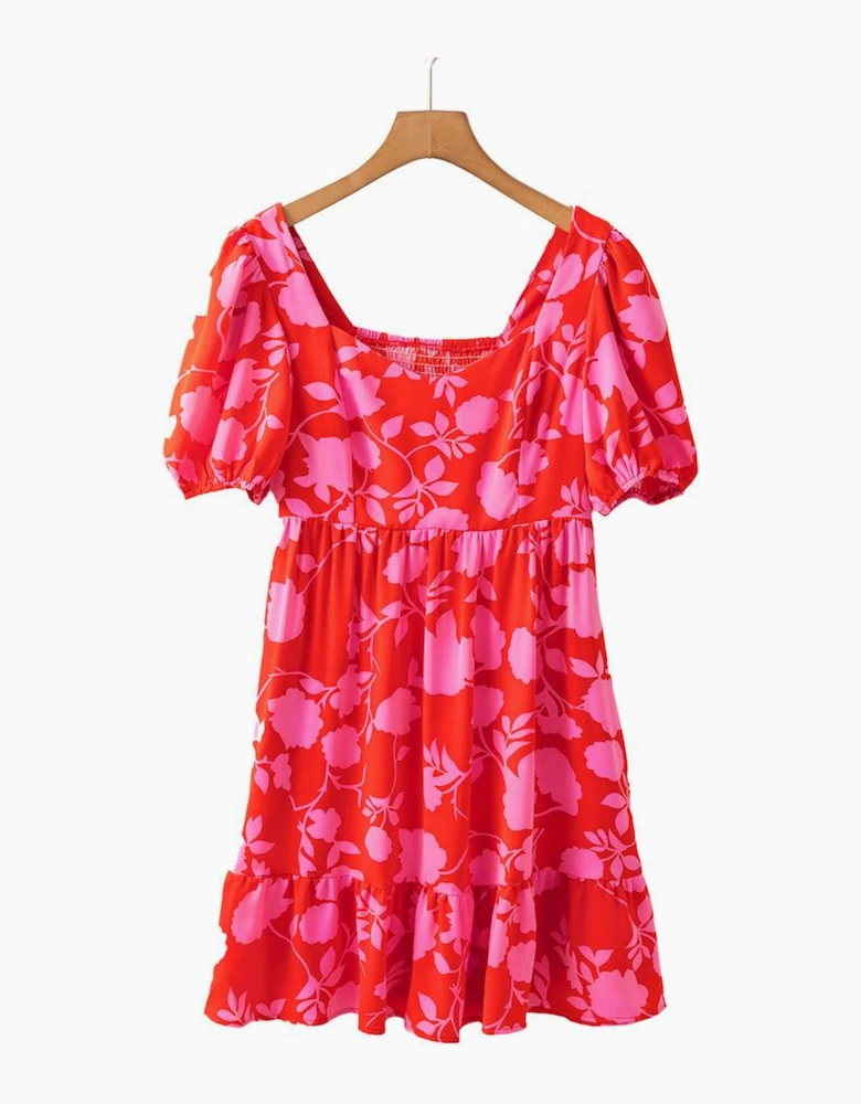 Red Floral Bubble Sleeve Sweetheart Neck Ruffled Mini Dress