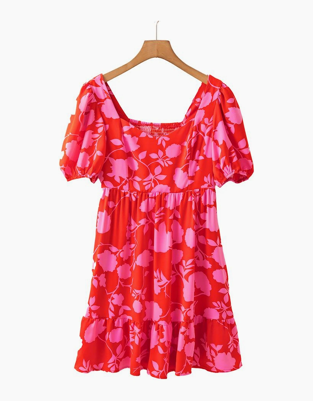 Red Floral Bubble Sleeve Sweetheart Neck Ruffled Mini Dress