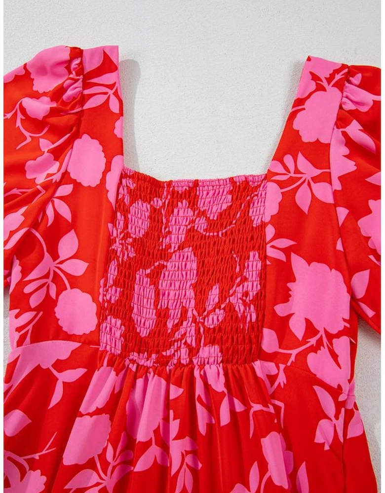 Red Floral Bubble Sleeve Sweetheart Neck Ruffled Mini Dress