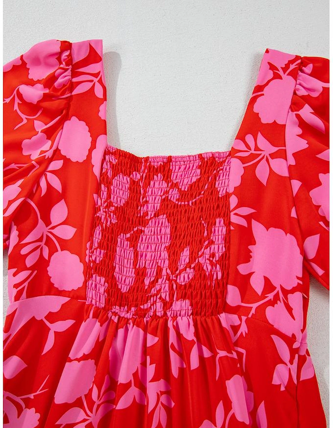 Red Floral Bubble Sleeve Sweetheart Neck Ruffled Mini Dress