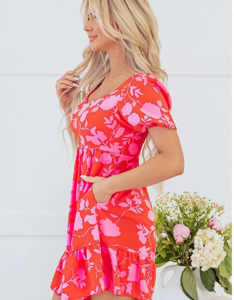 Red Floral Bubble Sleeve Sweetheart Neck Ruffled Mini Dress