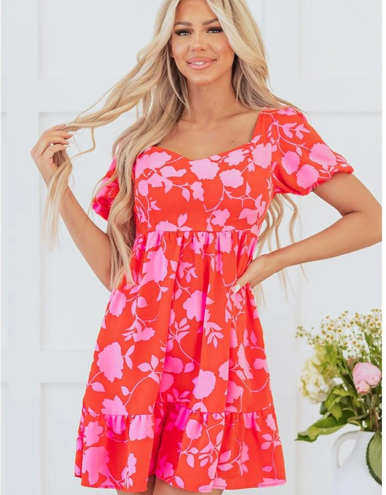 Red Floral Bubble Sleeve Sweetheart Neck Ruffled Mini Dress