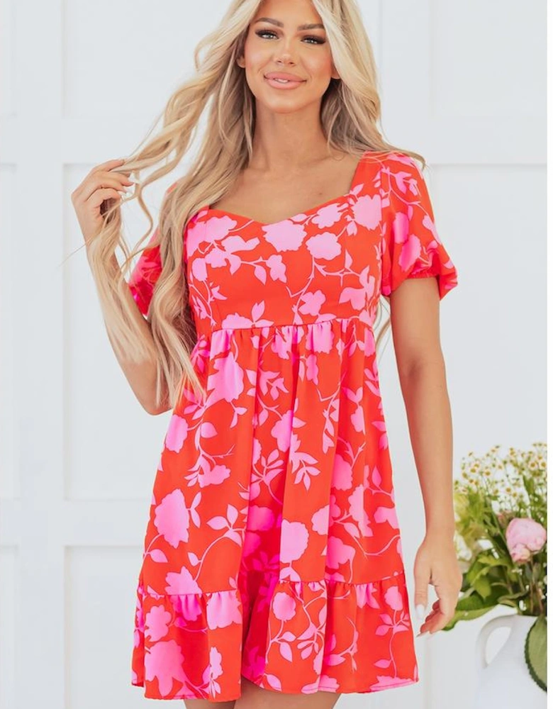 Red Floral Bubble Sleeve Sweetheart Neck Ruffled Mini Dress