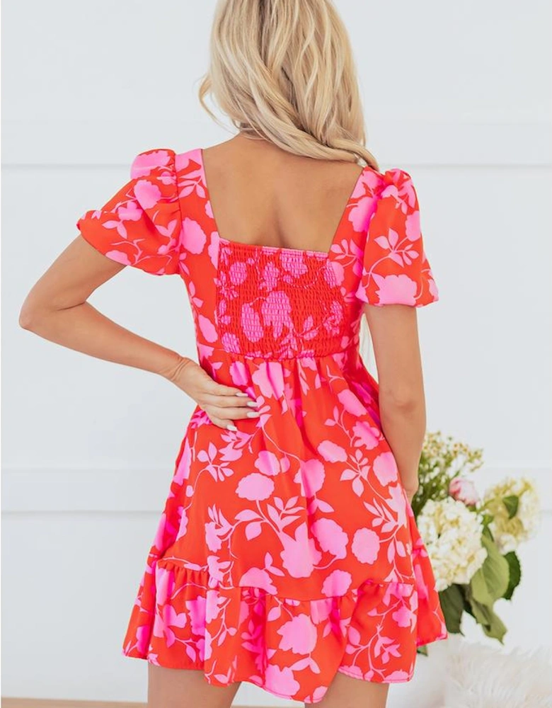 Red Floral Bubble Sleeve Sweetheart Neck Ruffled Mini Dress
