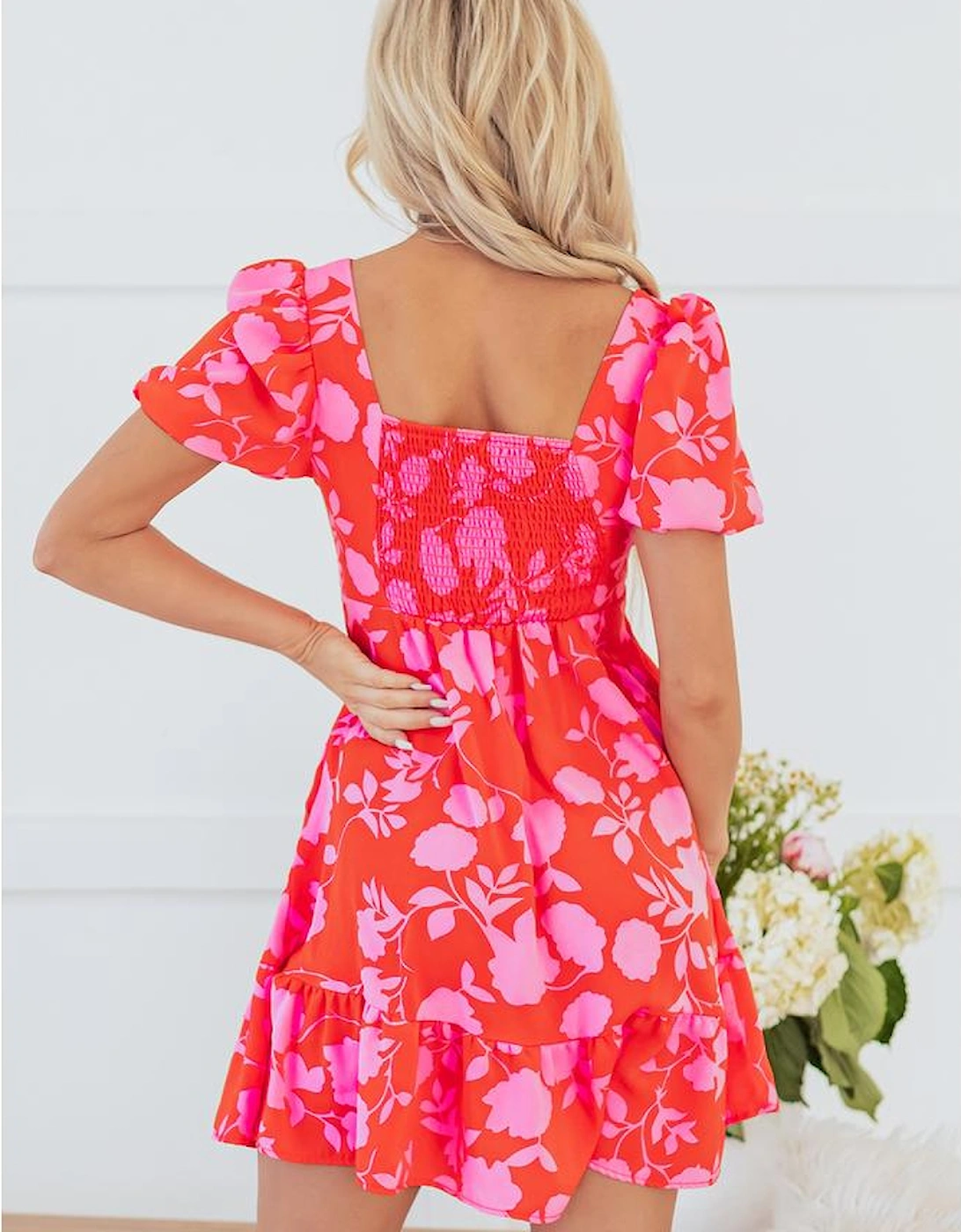 Red Floral Bubble Sleeve Sweetheart Neck Ruffled Mini Dress