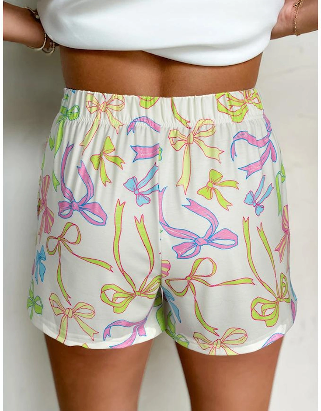 White Cheerful Bow Print Elastic Pull On Casual Shorts, 12 of 11
