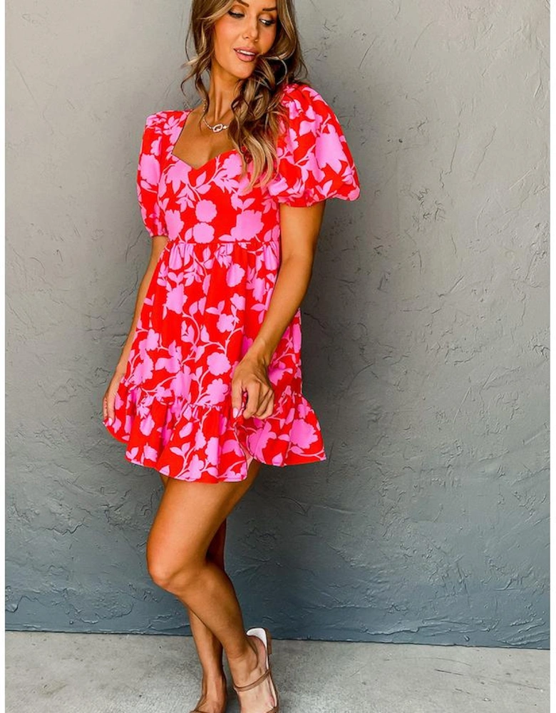 Red Floral Bubble Sleeve Sweetheart Neck Ruffled Mini Dress