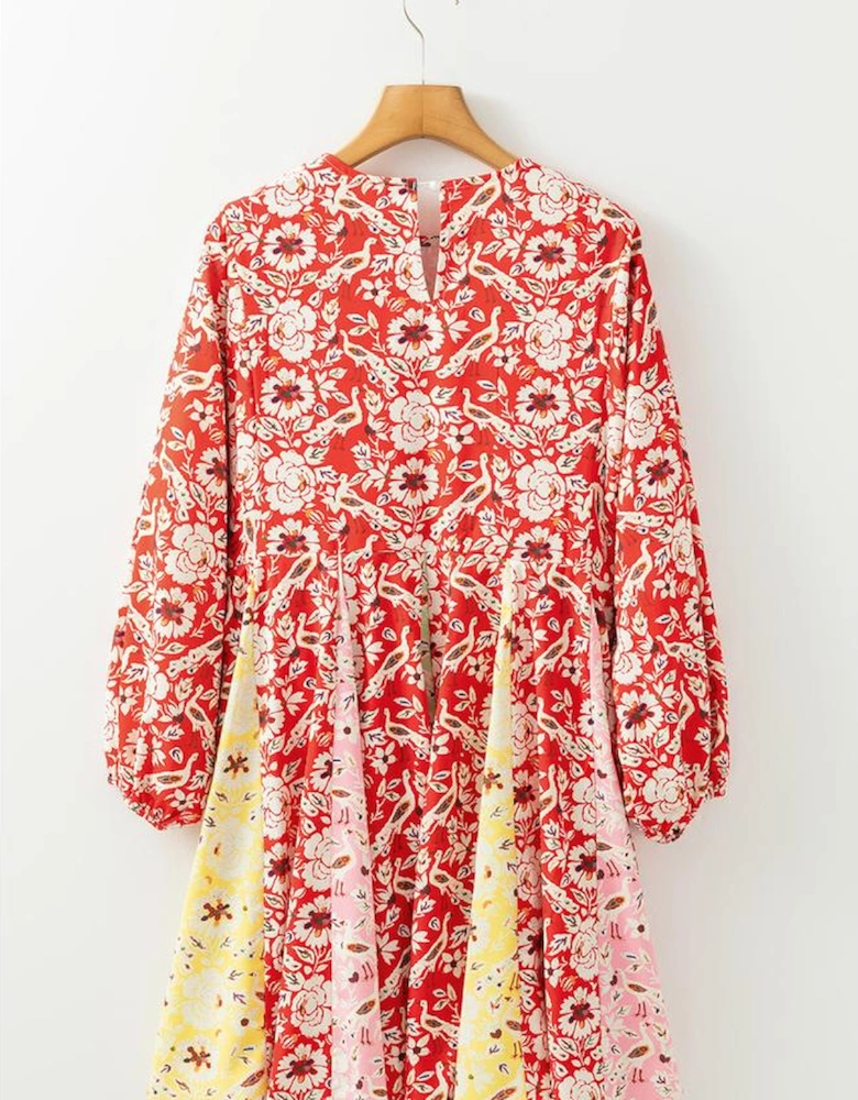 Red Colorful Floral Patchwork Long Sleeve Pleated Mini Dress