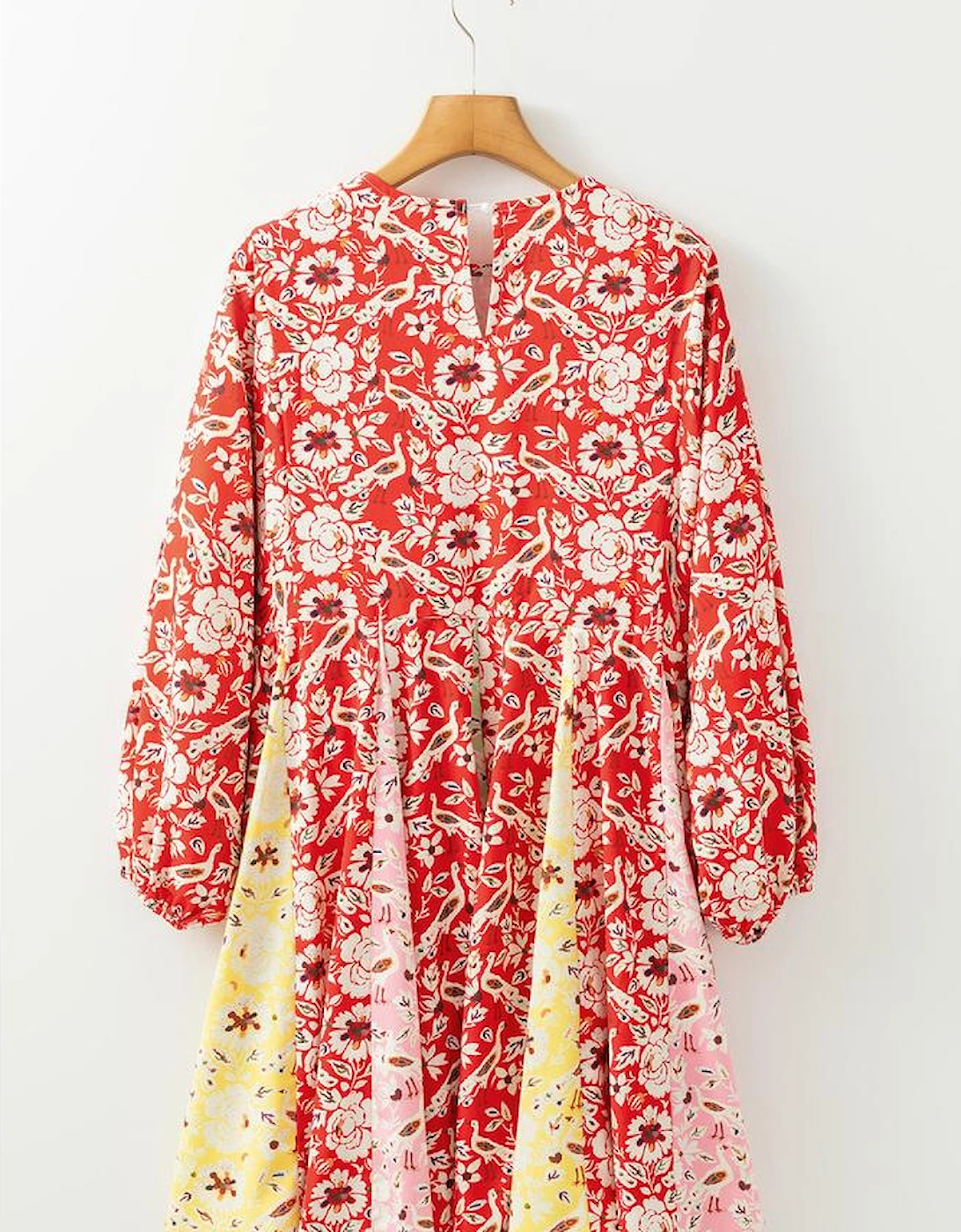 Red Colorful Floral Patchwork Long Sleeve Pleated Mini Dress, 13 of 12