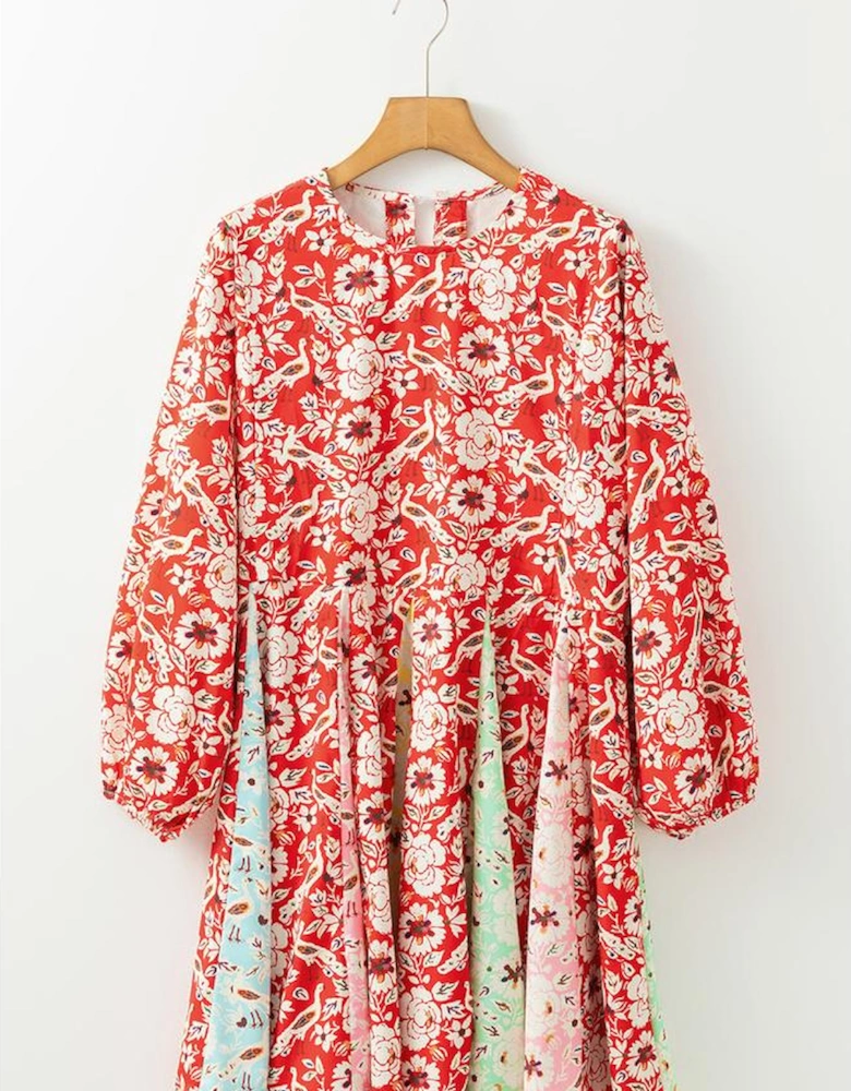 Red Colorful Floral Patchwork Long Sleeve Pleated Mini Dress