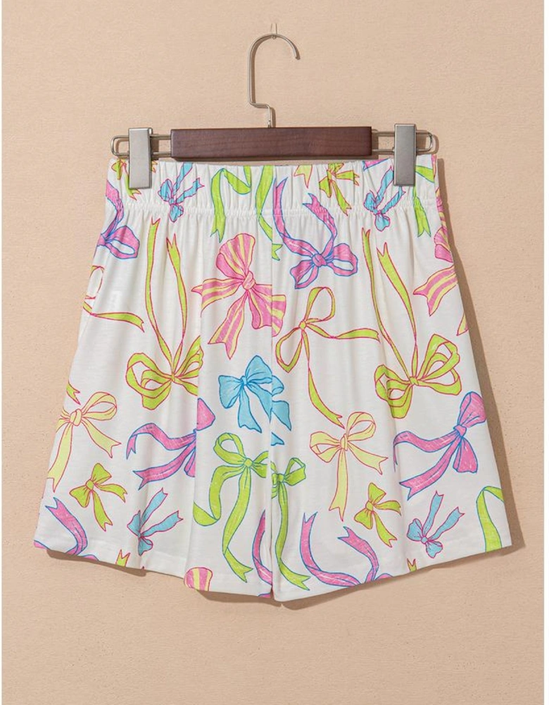 White Cheerful Bow Print Elastic Pull On Casual Shorts