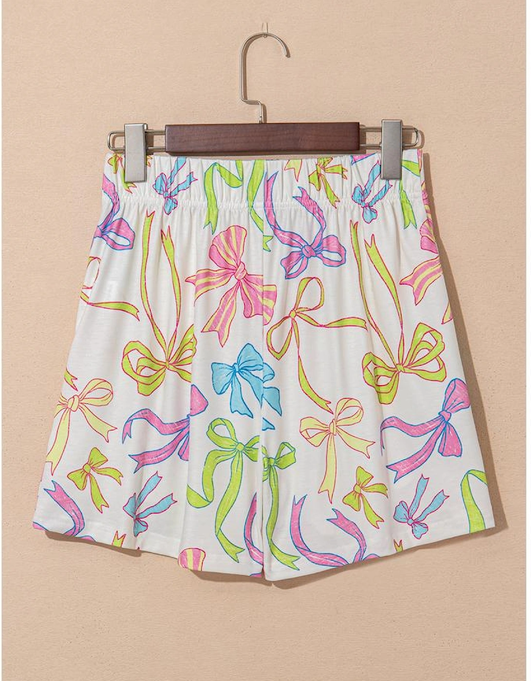 White Cheerful Bow Print Elastic Pull On Casual Shorts